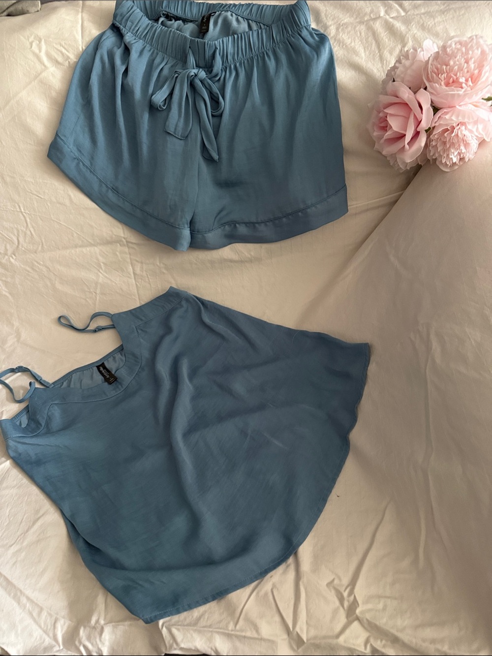 Ambrielle Light Blue Satin Sleepwear Set - Tank & Shorts